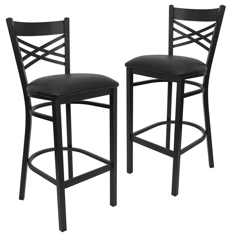 2 Pk. Black ''X'' Back Metal Restaurant Barstool - Black Vinyl Seat