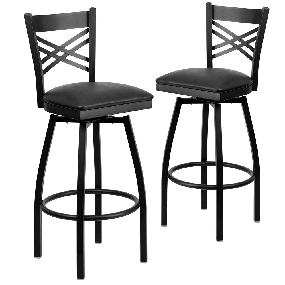 2 Pk. HERCULES Series Black ''X'' Back Swivel Metal Barstool - Black Vinyl Seat