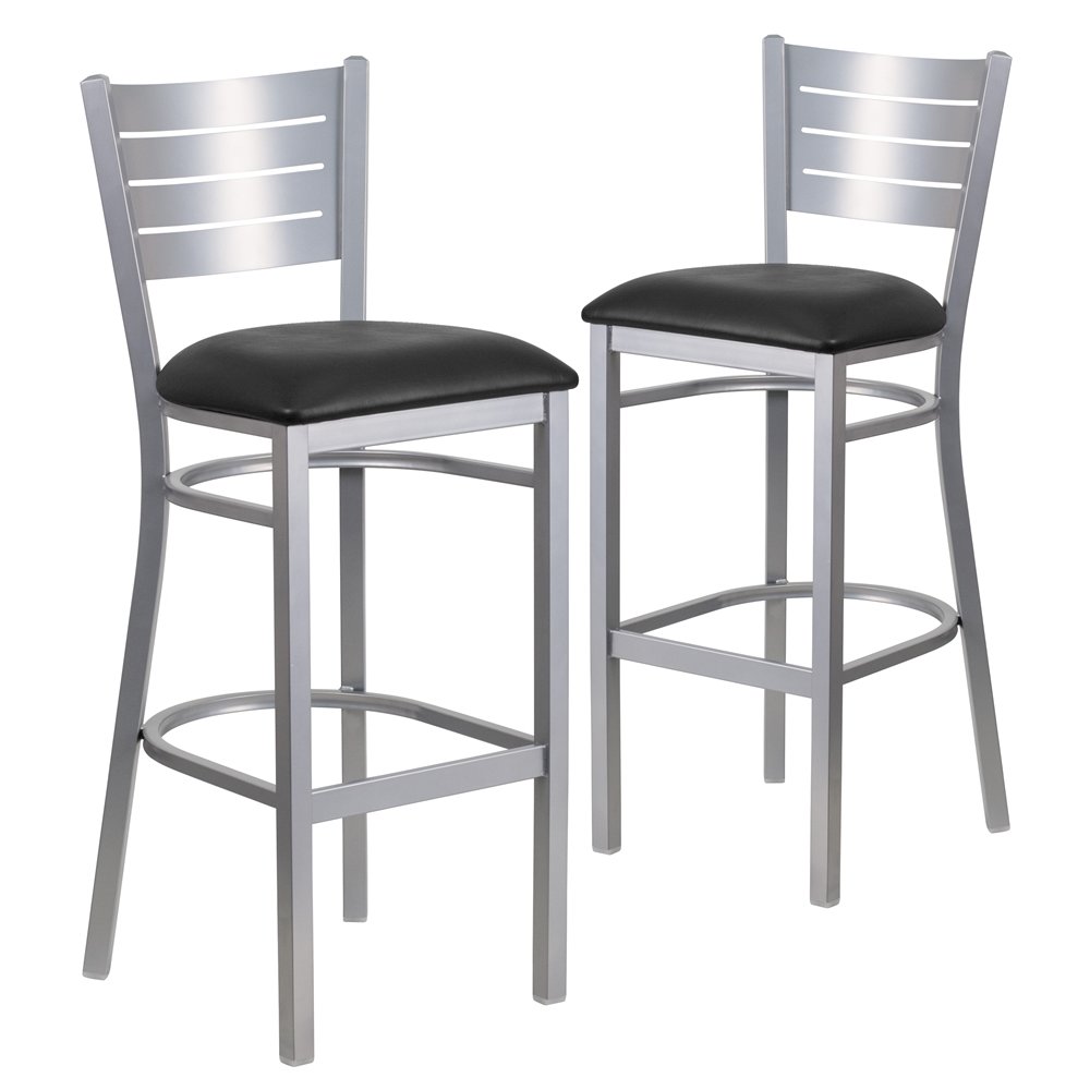 2 Pk. Silver Slat Back Metal Restaurant Barstool - Black Vinyl Seat