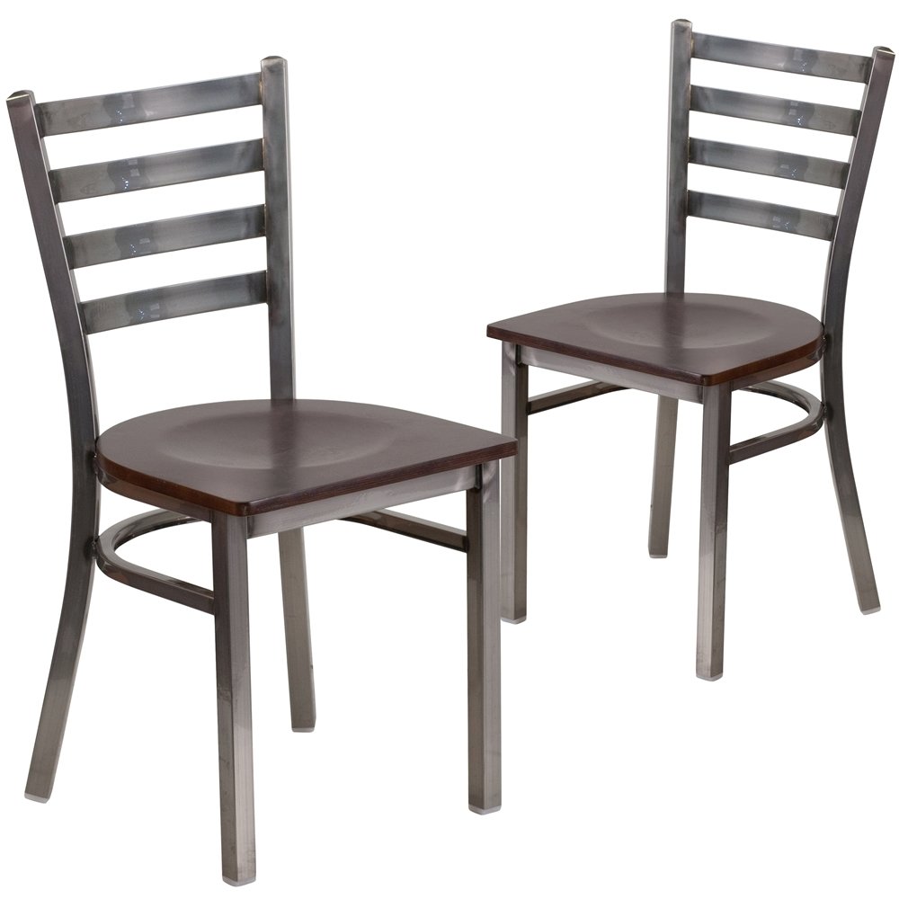 2 Pk. Clear Coated Ladder Back Metal Restaurant Chair - Walnut Wood Seat