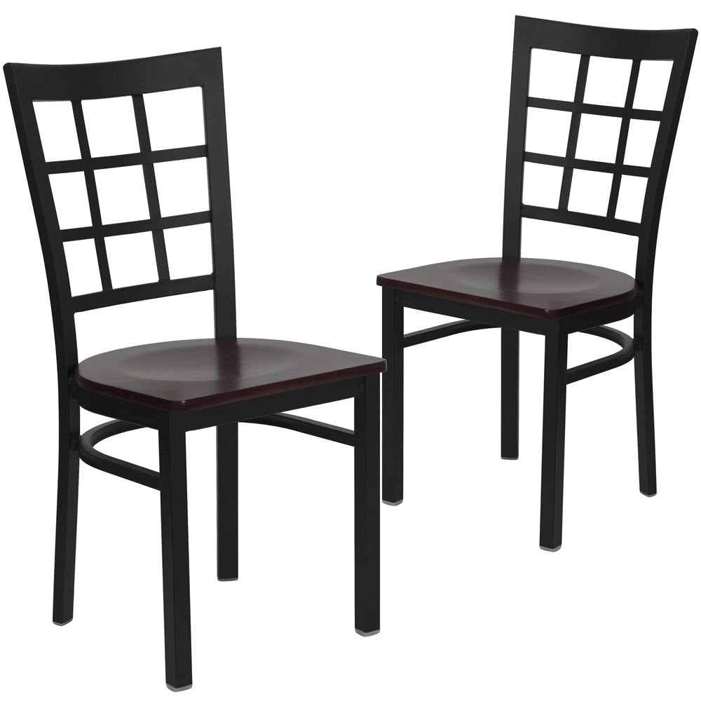 2 Pk. Black Window Back Metal Restaurant Chair - Mahogany Wood Seat