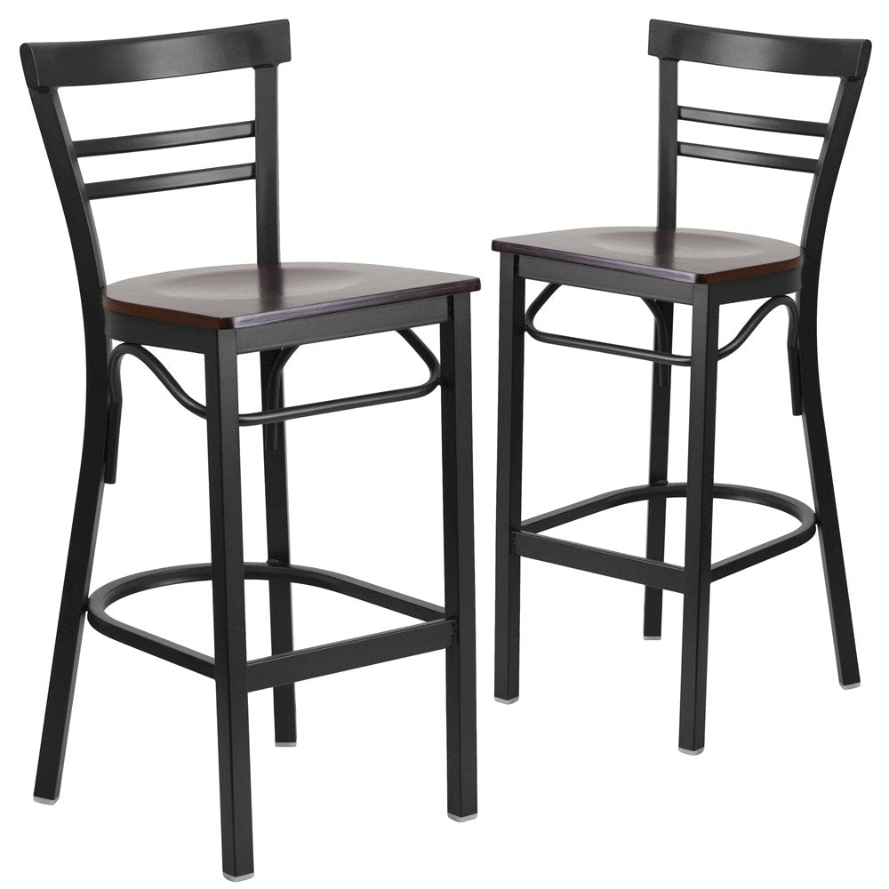 2 Pk. Black Ladder Back Metal Restaurant Barstool - Walnut Wood Seat