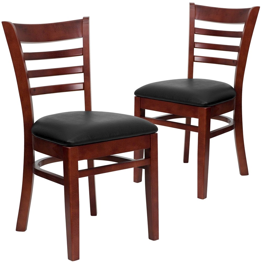2 Pk. Mahogany Finished Ladder Back Wooden Restaurant Chair - Black Vinyl Seat
