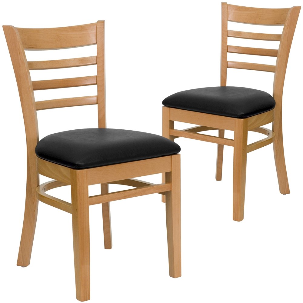 2 Pk. Natural Wood Finished Ladder Back Wooden Chair - Black Vinyl Seat