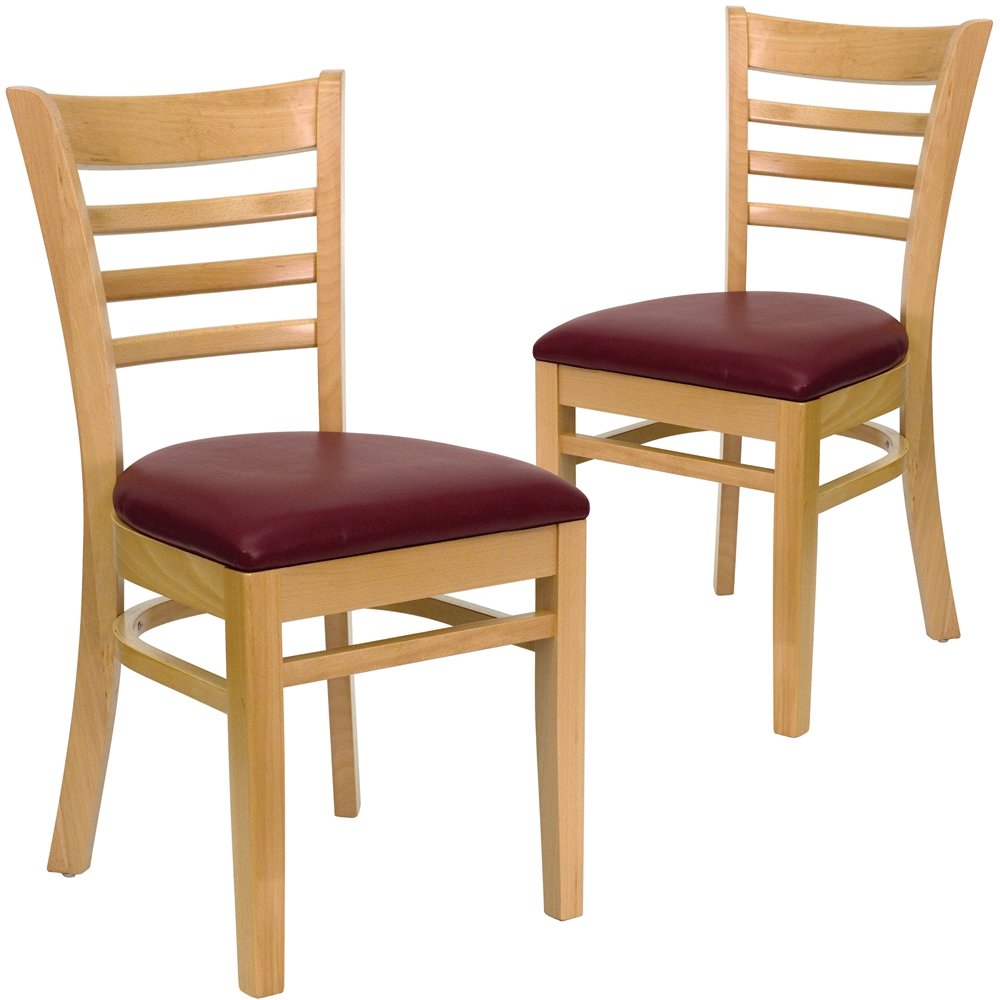 2 Pk. Natural Wood Finished Ladder Back Wooden Chair - Burgundy Vinyl Seat