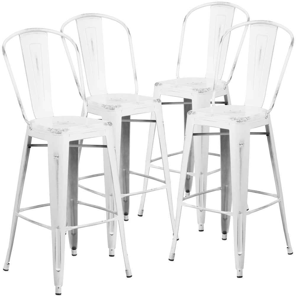 4 Pk. 30'' High Distressed White Metal Indoor Barstool with Back