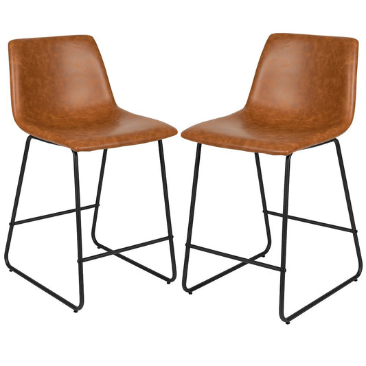 24 Inch LeatherSoft Counter Height Barstools in Light Brown, Set of 2
