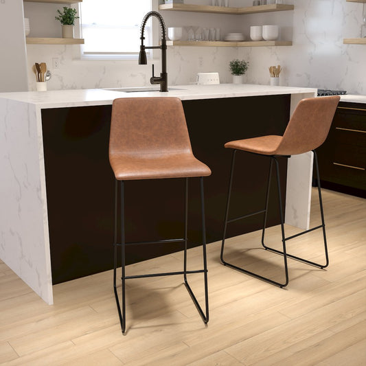 30 Inch LeatherSoft Bar Height Barstools in Light Brown, Set of 2