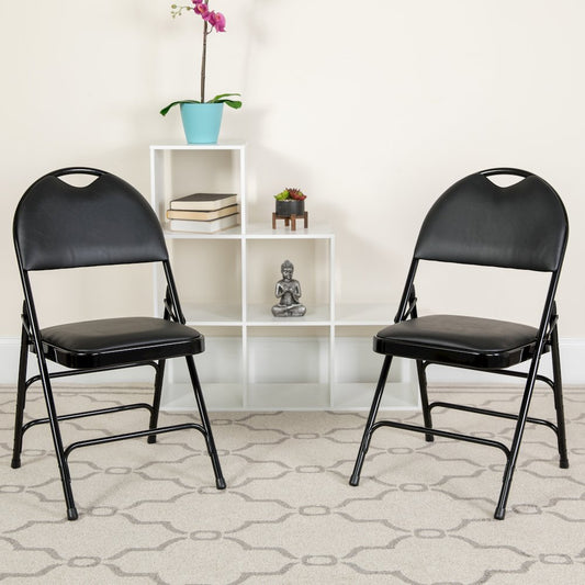 2 Pack HERCULES Series Ultra-Premium Triple Braced Black Vinyl Metal Folding Chair with Easy-Carry Handle