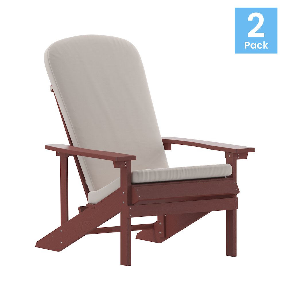 Set of 2 Adirondack Chairs in Red with Cream Cushions for Deck, Porch, and Patio