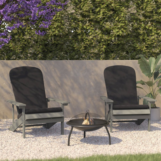 Set of 2 Adirondack Chairs in Gray with Gray Cushions for Deck, Porch, and Patio