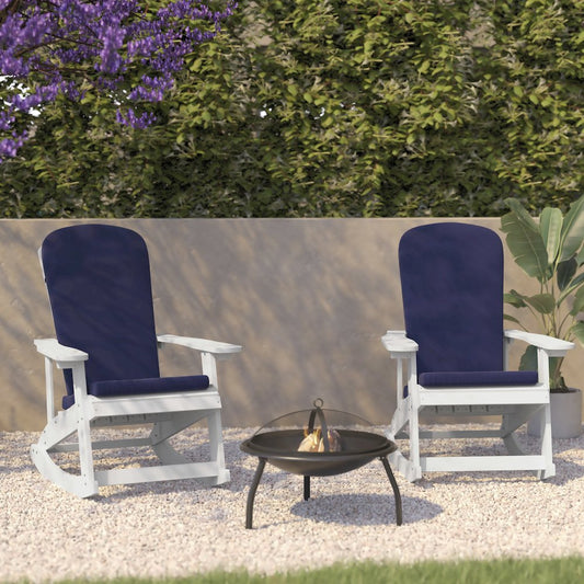 Set of 2 Adirondack Rocking Chairs in White with Blue Cushions, Porch, and Patio