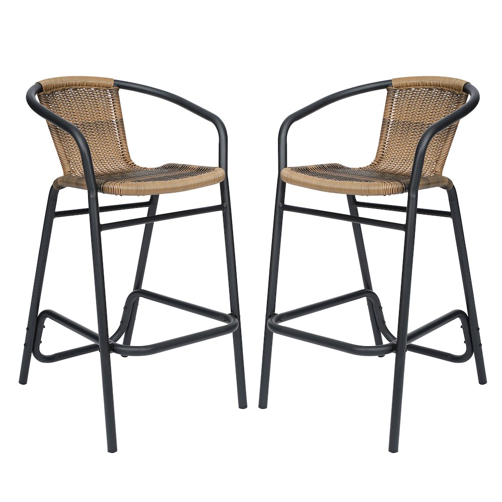 Set of 2 Rattan Restaurant Barstool with Black Aluminum Frame, Medium Brown