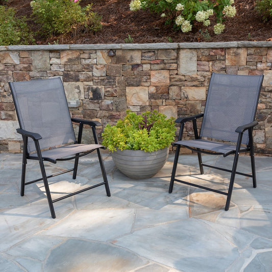 Gray Outdoor Folding Patio Sling Chair with Black Frame (2 Pack)
