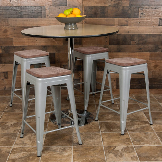 Set of 4 Modern Industrial Metal Stools in Silver