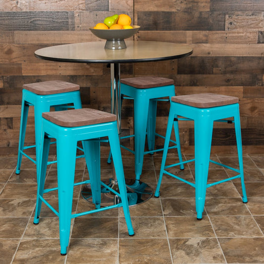 Set of 4 Modern Industrial Metal Stools in Teal