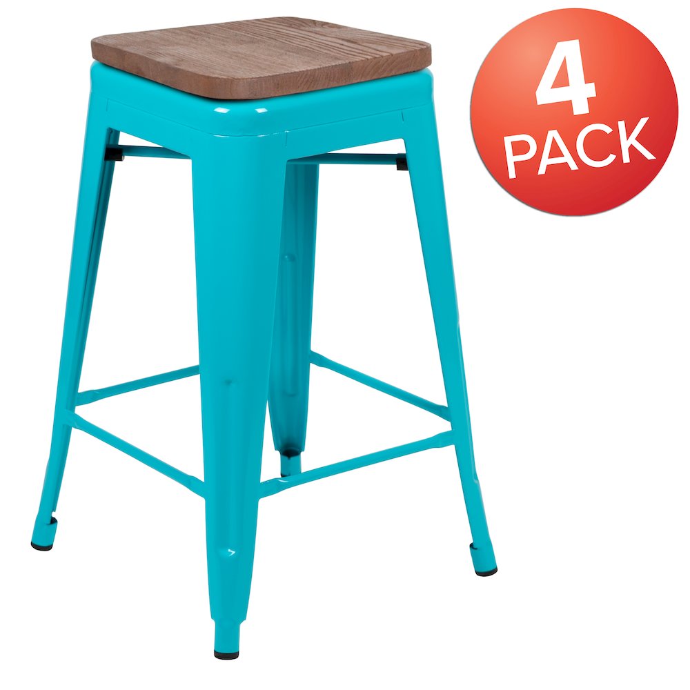 Set of 4 Modern Industrial Metal Stools in Teal