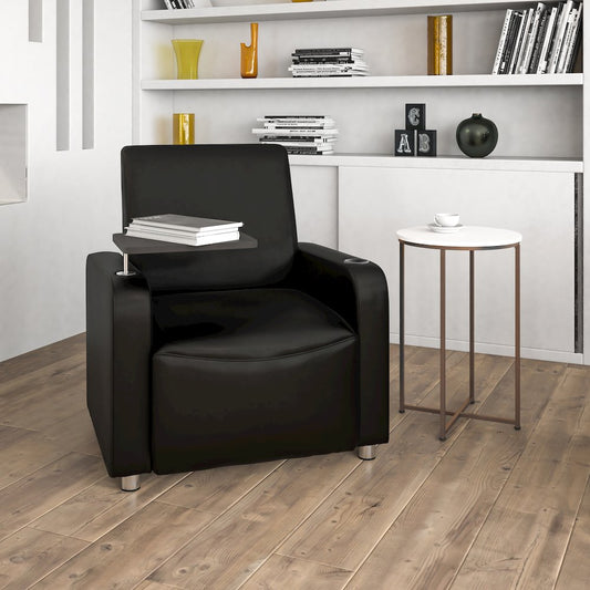 Black LeatherSoft Guest Chair with Tablet Arm, Chrome Legs and Cup Holder