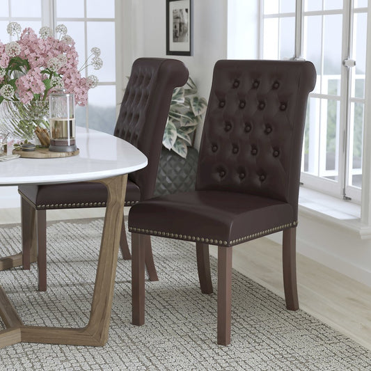 Brown Parsons Chair with Rolled Back, Accent Nail Trim and Walnut Finish