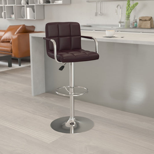 Brown Quilted Vinyl Adjustable Height Barstool with Arms and Chrome Base