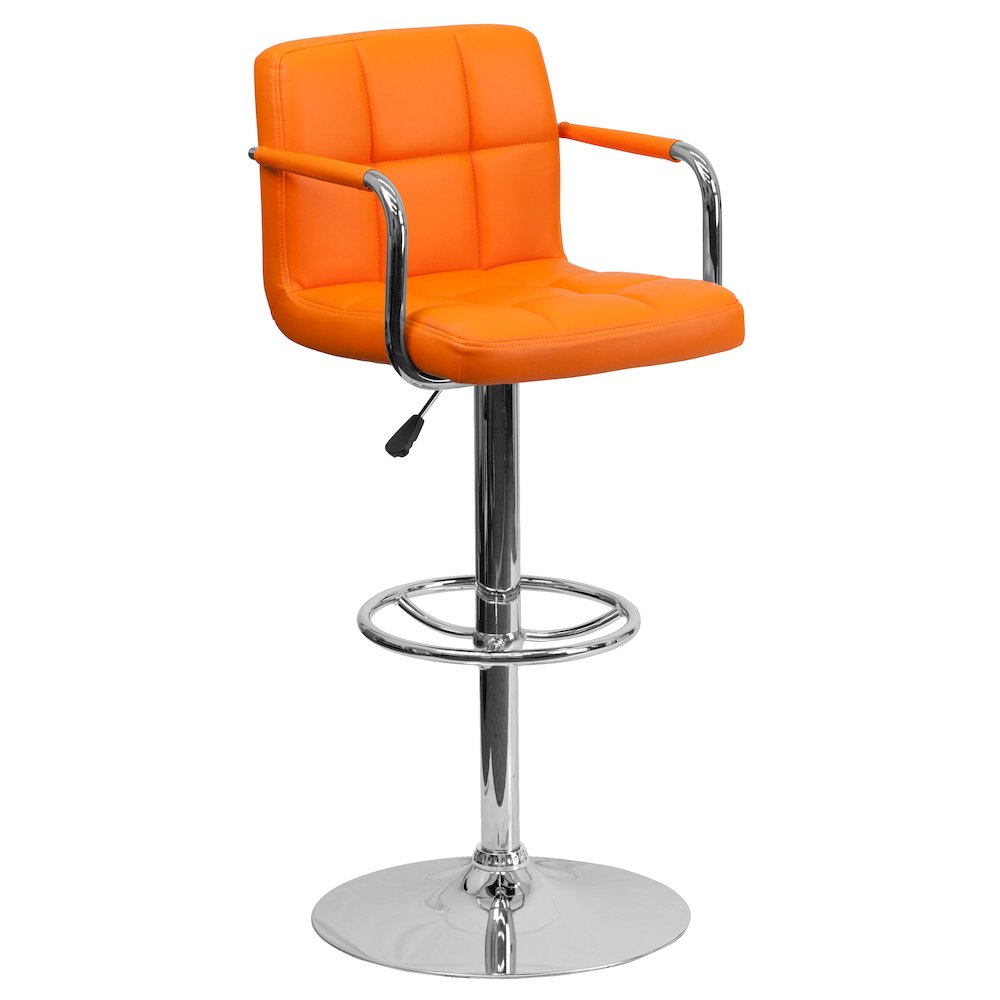 Orange Quilted Vinyl Adjustable Height Barstool with Arms and Chrome Base