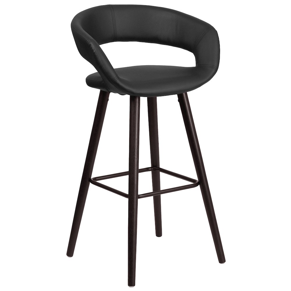 29'' High Contemporary Cappuccino Wood Barstool in Black Vinyl