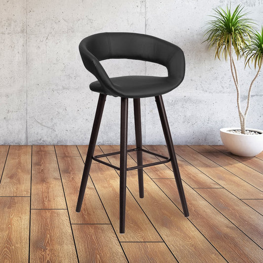 29'' High Contemporary Cappuccino Wood Barstool in Black Vinyl