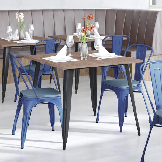 Blue Metal Indoor-Outdoor Stackable Chair with Teal-Blue Poly Resin Wood Seat