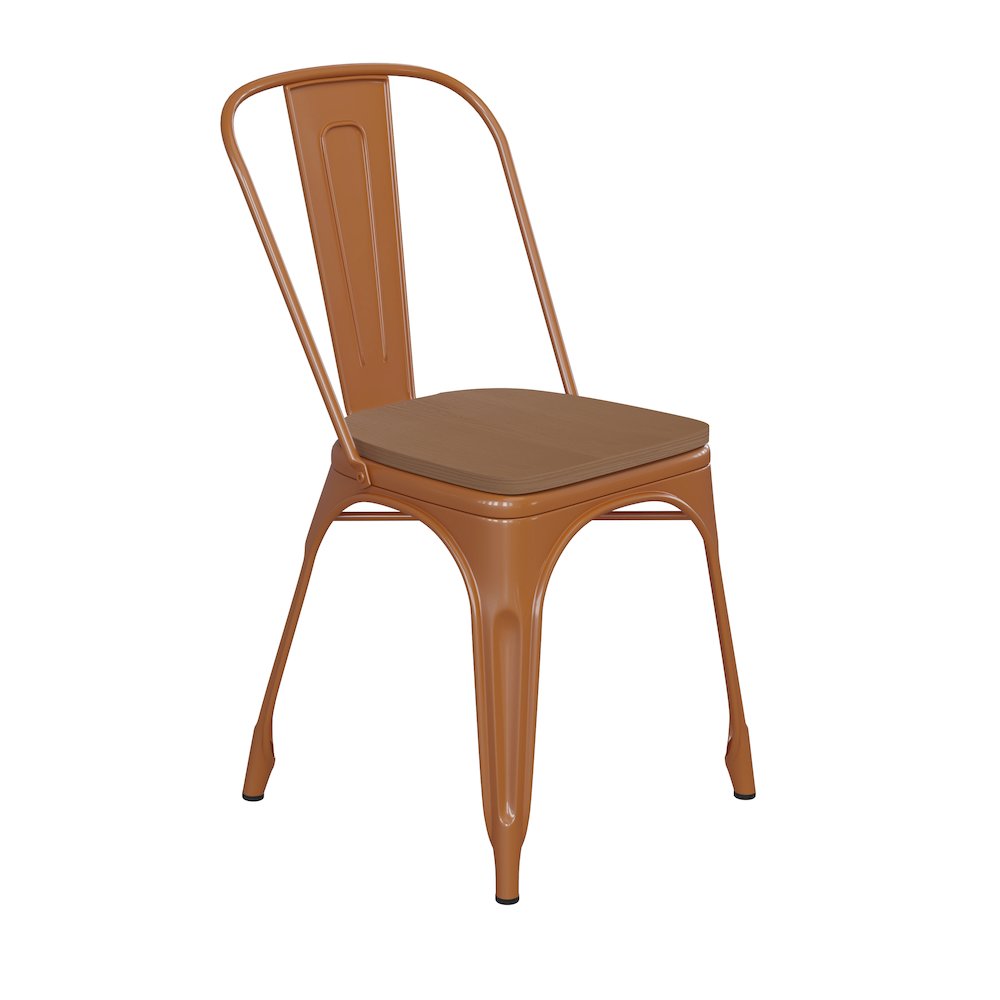 Orange Metal Indoor-Outdoor Stackable Chair with Teak Poly Resin Wood Seat