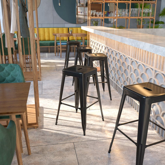 30" High Backless Black Metal Indoor-Outdoor Barstool with Square Seat