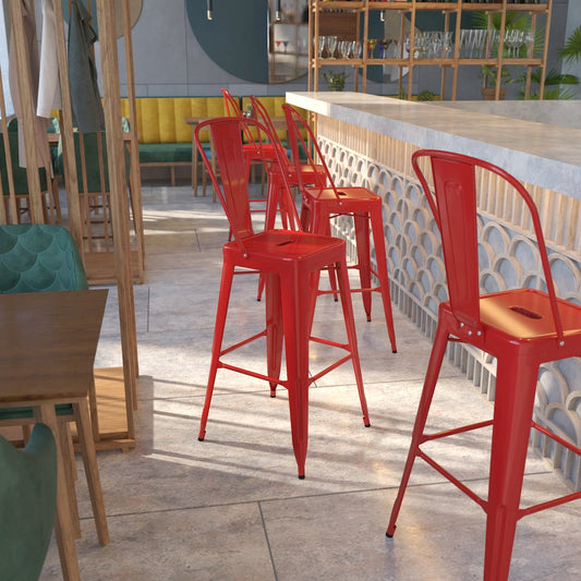30" High Red Metal Indoor-Outdoor Barstool with Removable Back