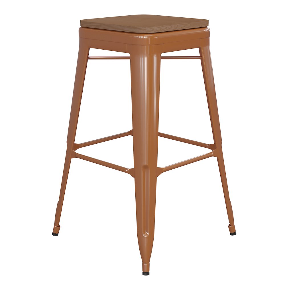 30" High Orange Metal Indoor-Outdoor Barstool with Teak Poly Resin Wood Seat