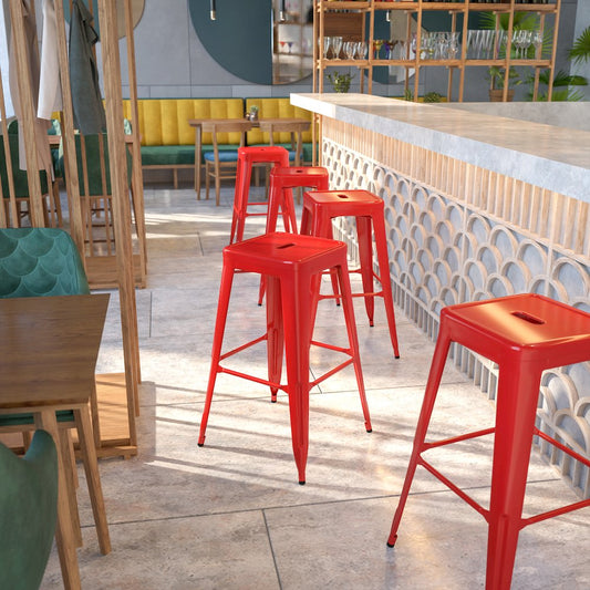 30" High Backless Red Metal Indoor-Outdoor Barstool with Square Seat