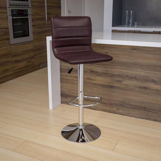 Brown Vinyl Adjustable Bar Stool, Swivel Stool with Chrome Pedestal Base