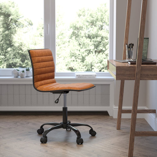 Low Back Armless Brown Ribbed Swivel Task Office Chair with Black Frame and Base