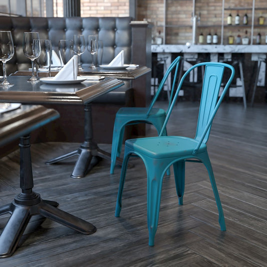 Distressed Kelly Blue-Teal Metal Indoor-Outdoor Stackable Chair