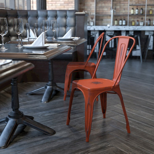 Distressed Kelly Red Metal Indoor-Outdoor Stackable Chair