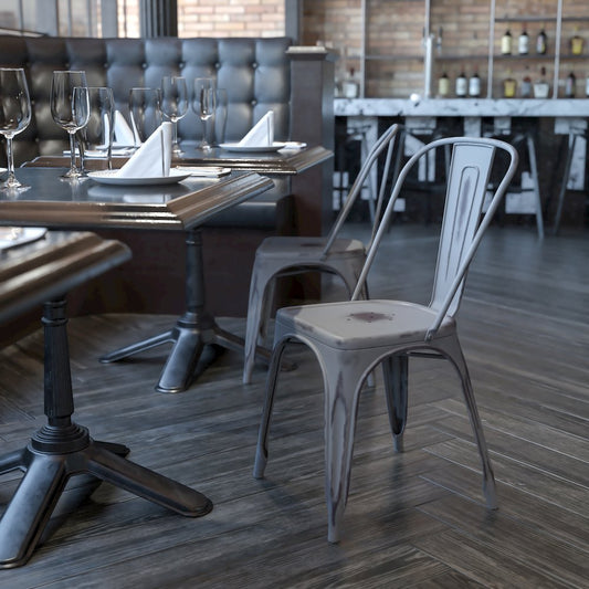 Distressed Silver Gray Metal Indoor-Outdoor Stackable Chair
