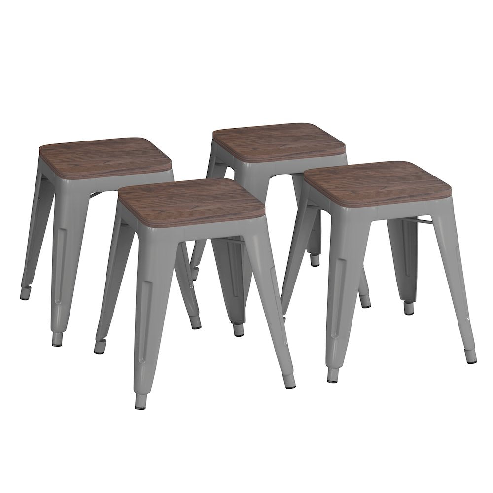 18" Table Height , Stackable Silver Metal Dining Stool, - Set of 4