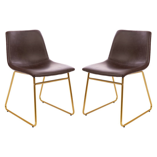 18 in Mid-Back Sled Base Dining Chair in Dark Brown with Gold Frame, Set of 2