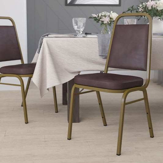 Trapezoidal Back Stacking Banquet Chair in Brown Vinyl - Gold Frame