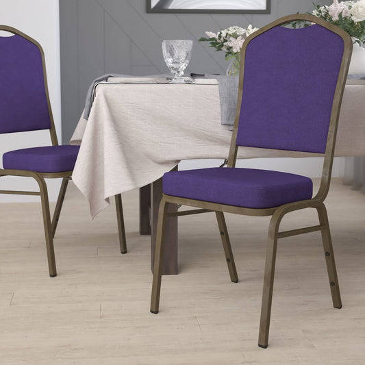 Crown Back Stacking Banquet Chair in Purple Fabric - Gold Vein Frame
