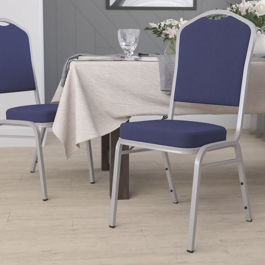 Crown Back Stacking Banquet Chair in Navy Fabric - Silver Frame