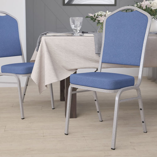 Crown Back Stacking Banquet Chair in Blue Fabric - Silver Frame