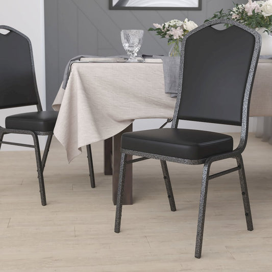Crown Back Stacking Banquet Chair in Black Vinyl - Silver Vein Frame