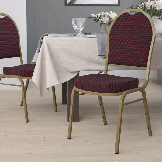Dome Back Stacking Banquet Chair in Burgundy Patterned Fabric - Gold Frame