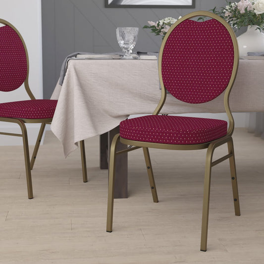 Teardrop Back Stacking Banquet Chair in Burgundy Patterned Fabric - Gold Frame