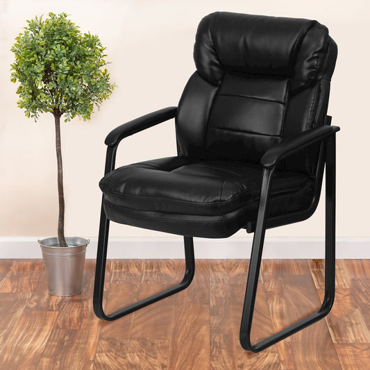 Black Executive Side Reception Chair with Lumbar Support and Sled Base