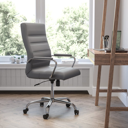 High Back Gray Executive Swivel Office Chair with Chrome Frame and Arms