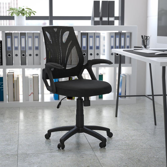 Mid-Back Designer Black Mesh Swivel Task Office Chair with Open Arms